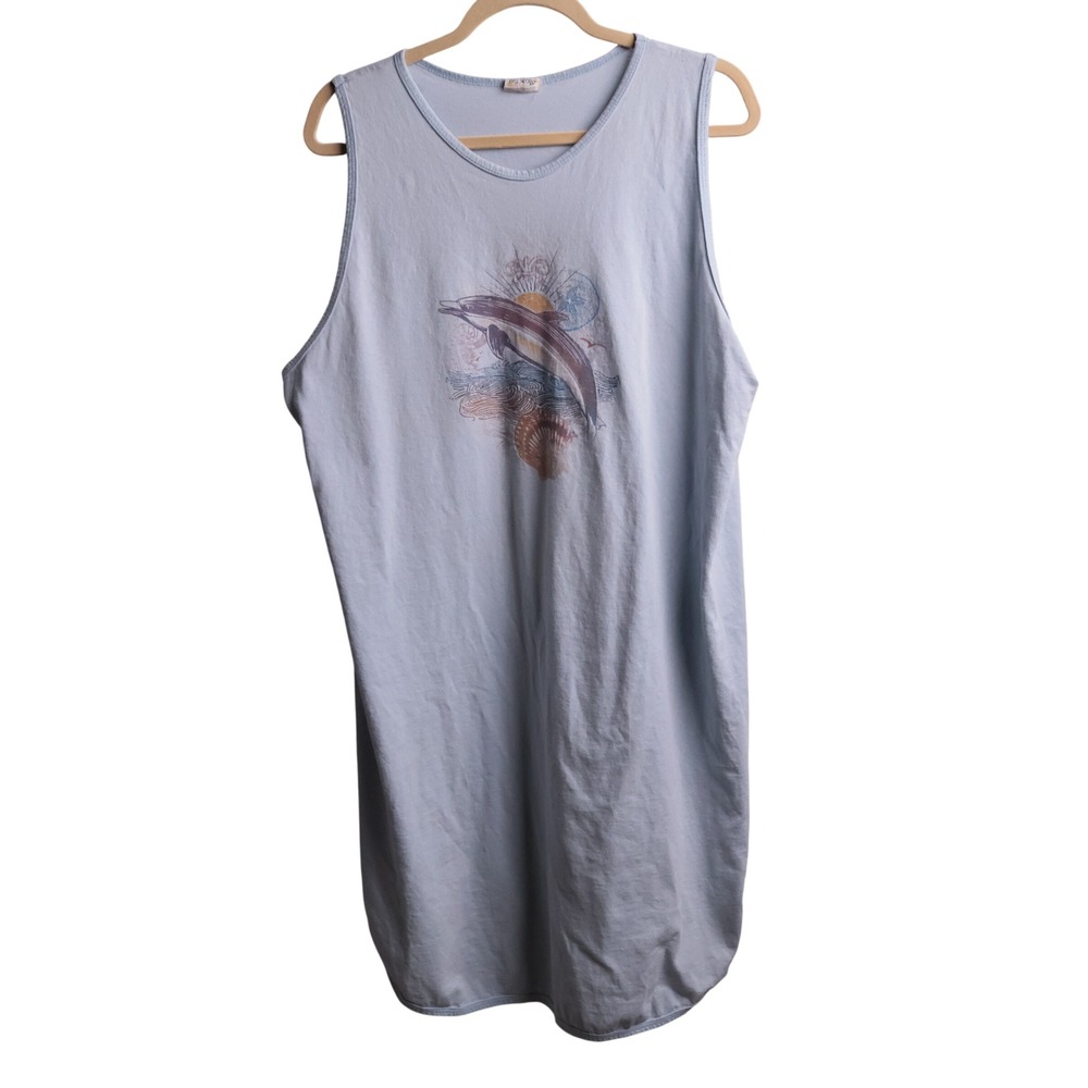 VTG 90s Y2K Light Blue Dolphin Tank Dress Cotton Casual Vacation Resortwear OSFM